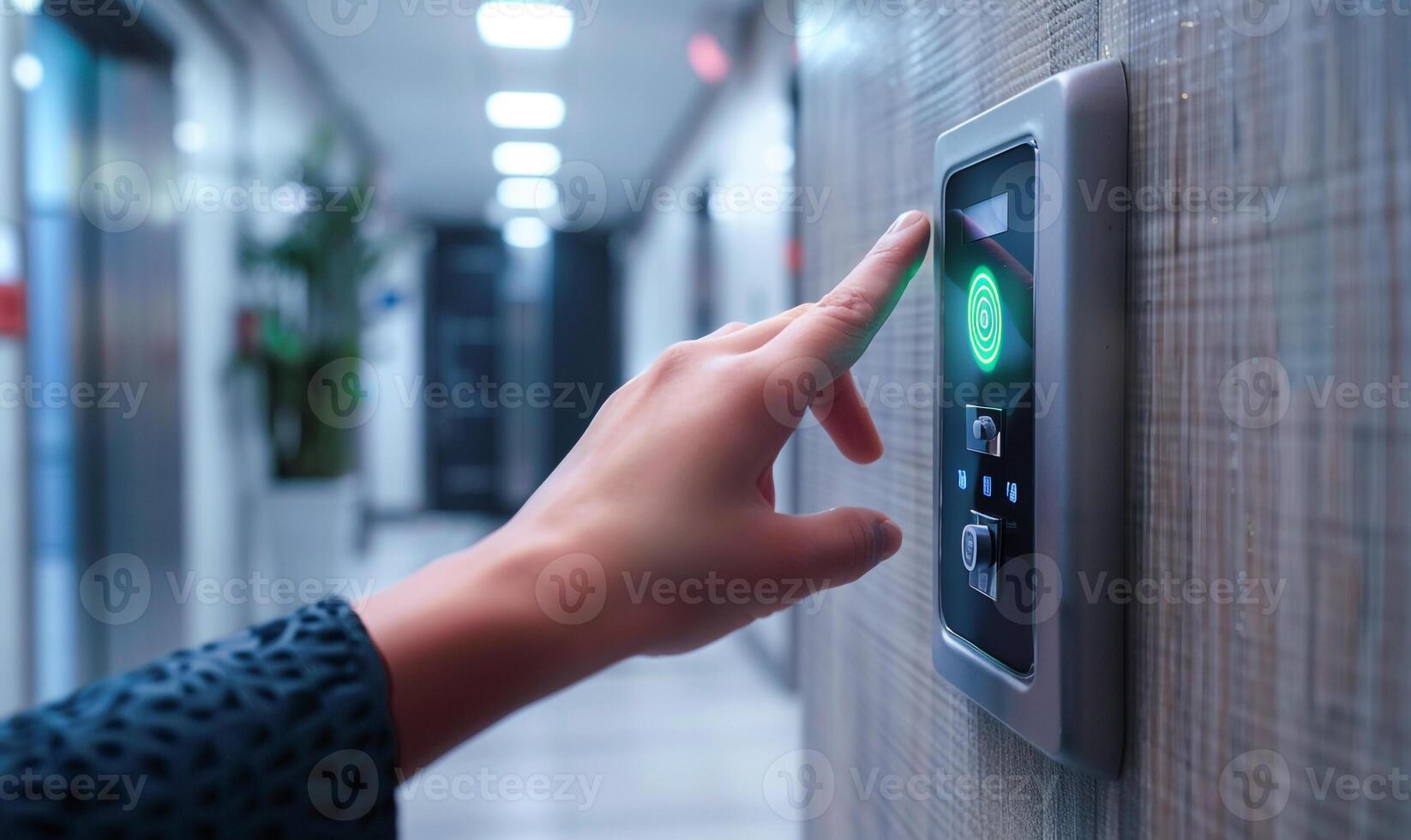 Fingerprint Scan Access Control System Machine on Office Wall Near the Entrance Door with a Hand, . photo