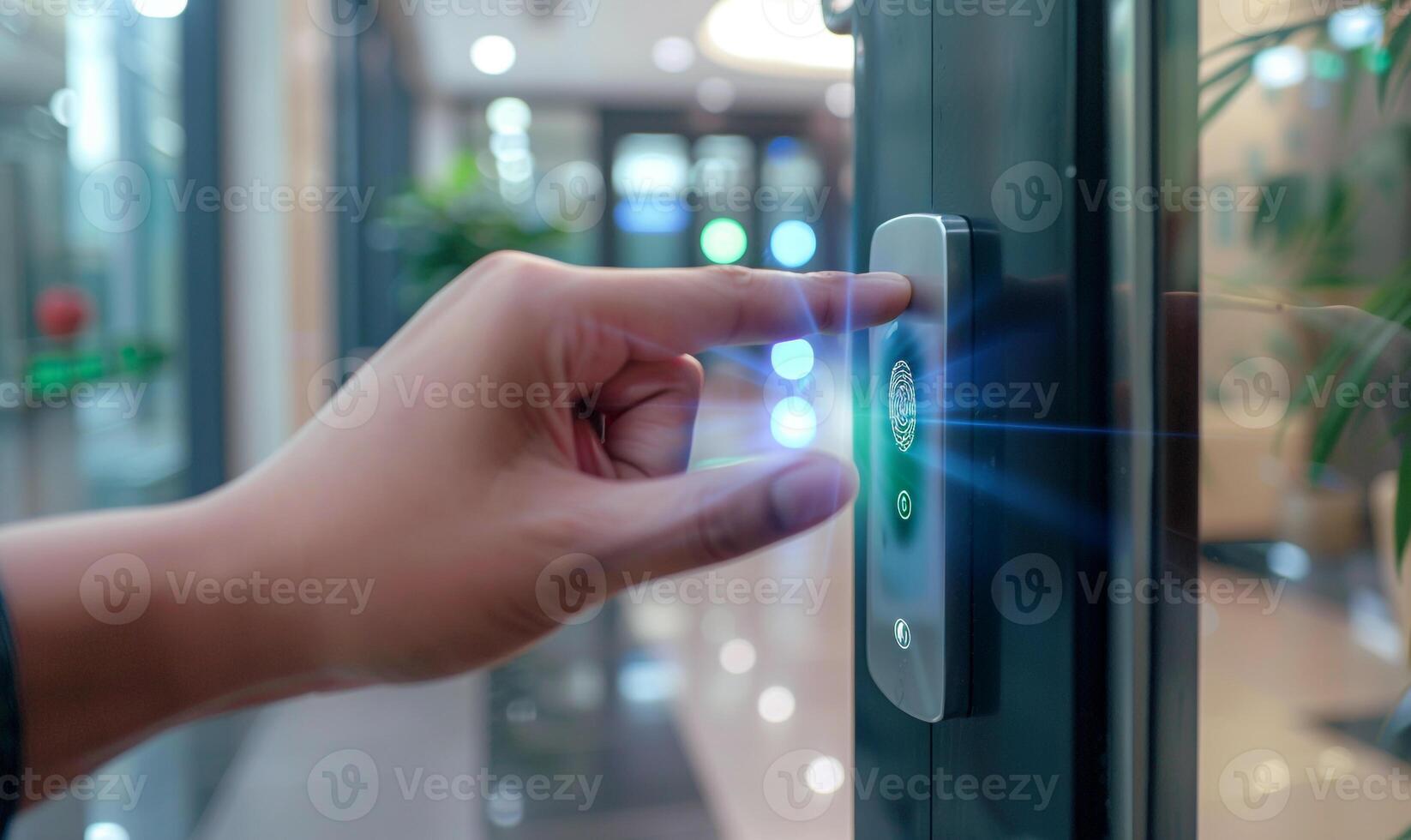 Fingerprint Scan Access Control System Machine on Office Wall Near the Entrance Door with a Hand, . photo