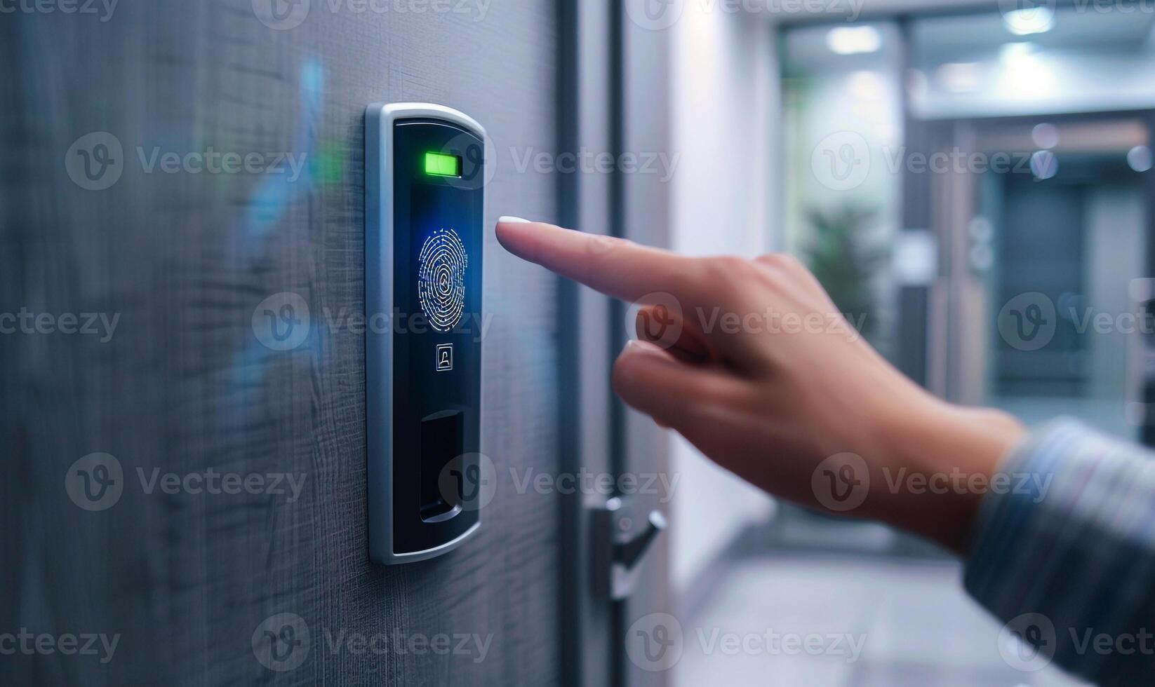 Fingerprint Scan Access Control System Machine on Office Wall Near the Entrance Door with a Hand, . photo