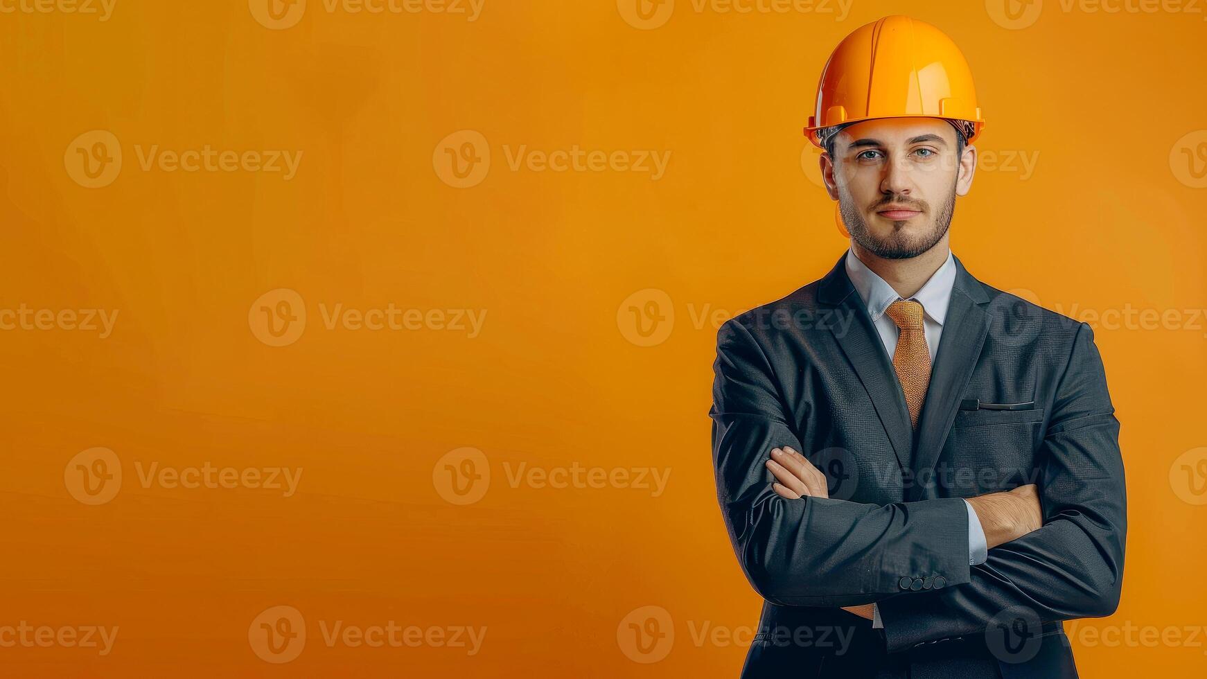 Portrait of Engineer male Hispanic Latin wearing a hard hat and suit smart looking camera studio shot photo