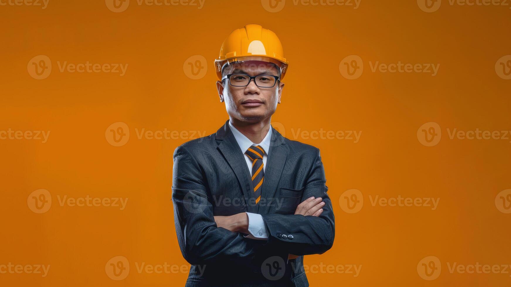 Portrait of Asian engineer male wearing a hard hat and suit, Confident look smart success arm folded photo