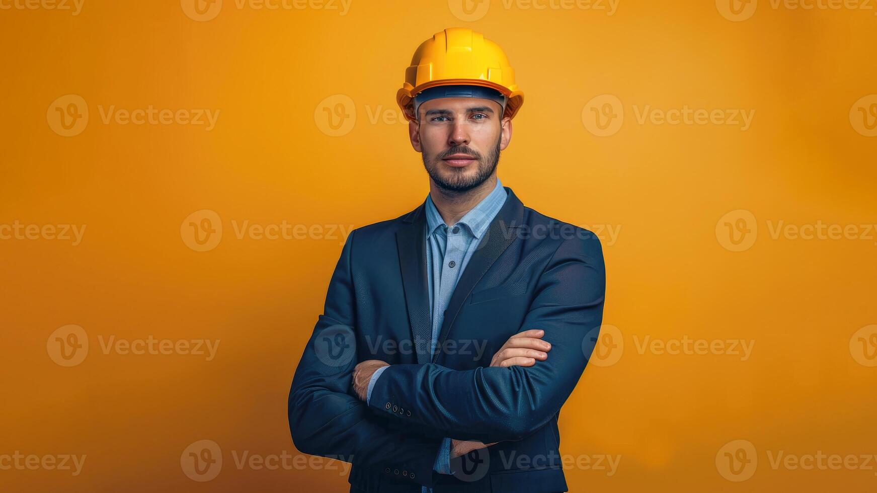 Portrait of Engineer male Hispanic Latin wearing a hard hat and suit smart looking camera studio shot photo