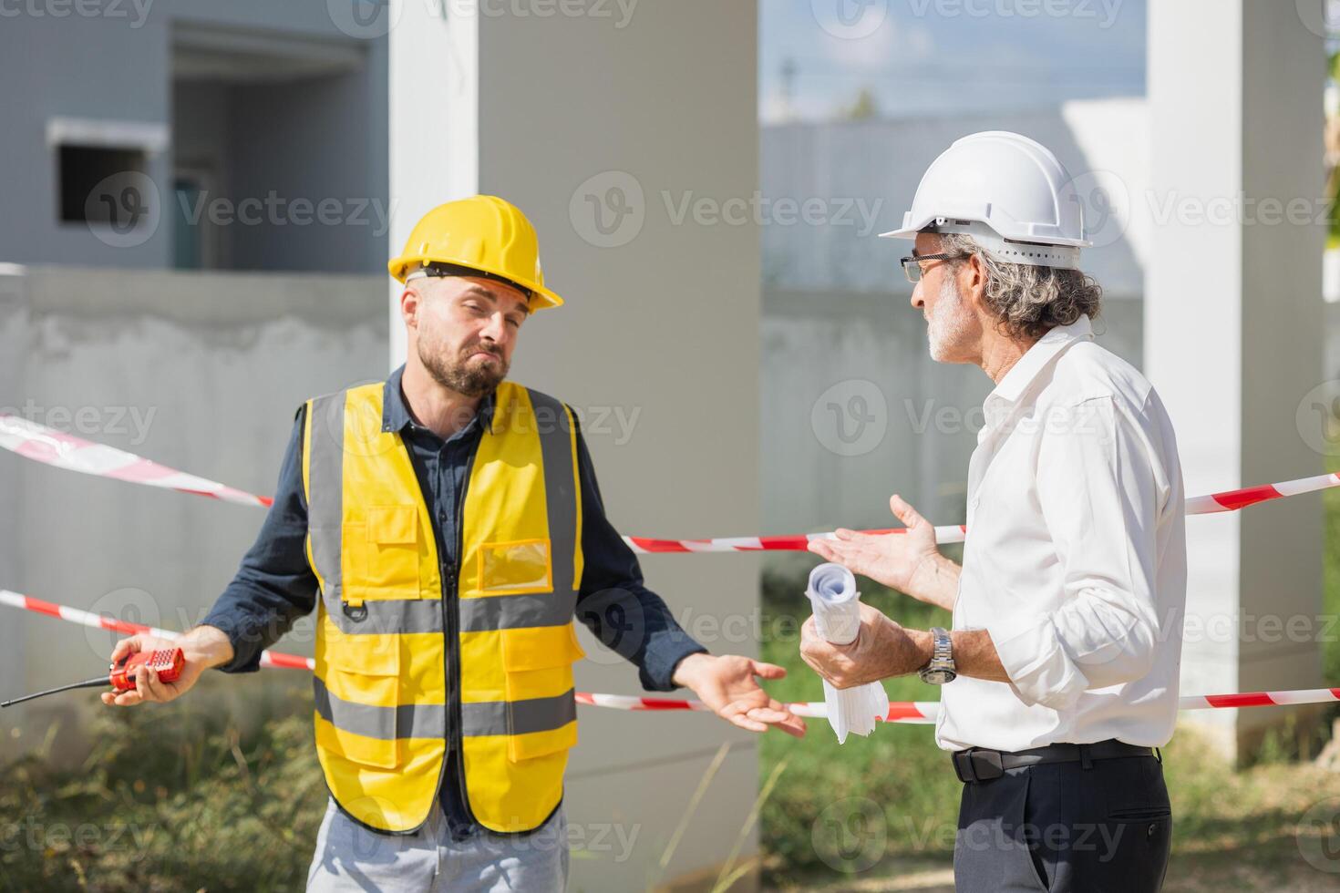 Senior officer male argue complain blame to construction engineer foreman for bad construction low quality project fail not pass standard problems photo