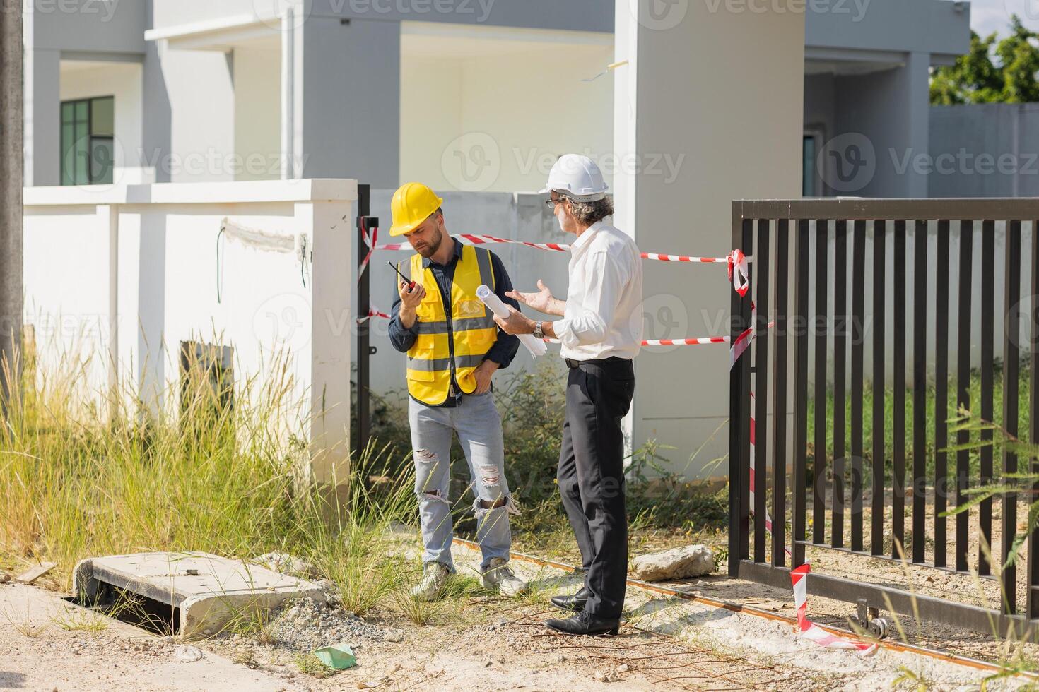 Senior officer male argue complain blame to construction engineer foreman for bad construction low quality project fail not pass standard problems photo