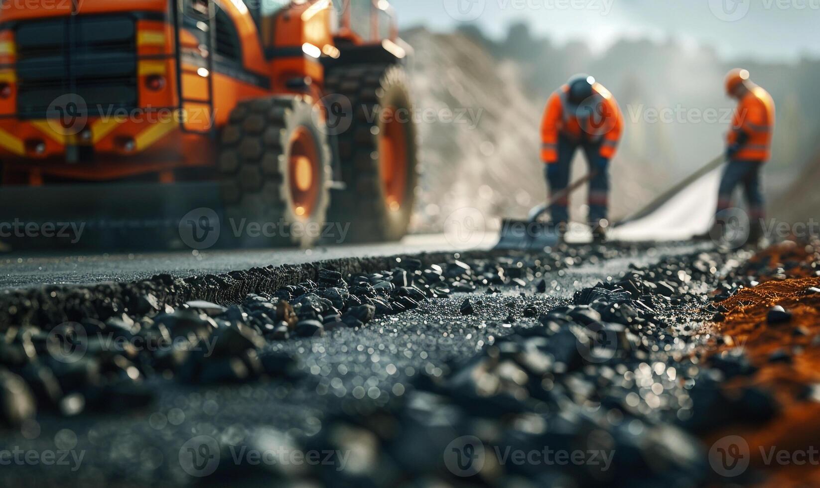 Road Construction Teamwork, Asphalt Laying Work At Road Construction Sites Hot Asphalt Gravel Being Leveled And Road Surface Repairs By Heavy Road Construction Machineries And Workers, . photo