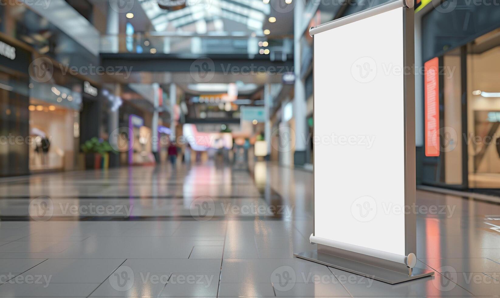 Empty Unique Roll-Up Mockup Poster Stand In Shopping Mall, Modern Digital Roll-Up Banner Stand In Corporate Hall, . photo