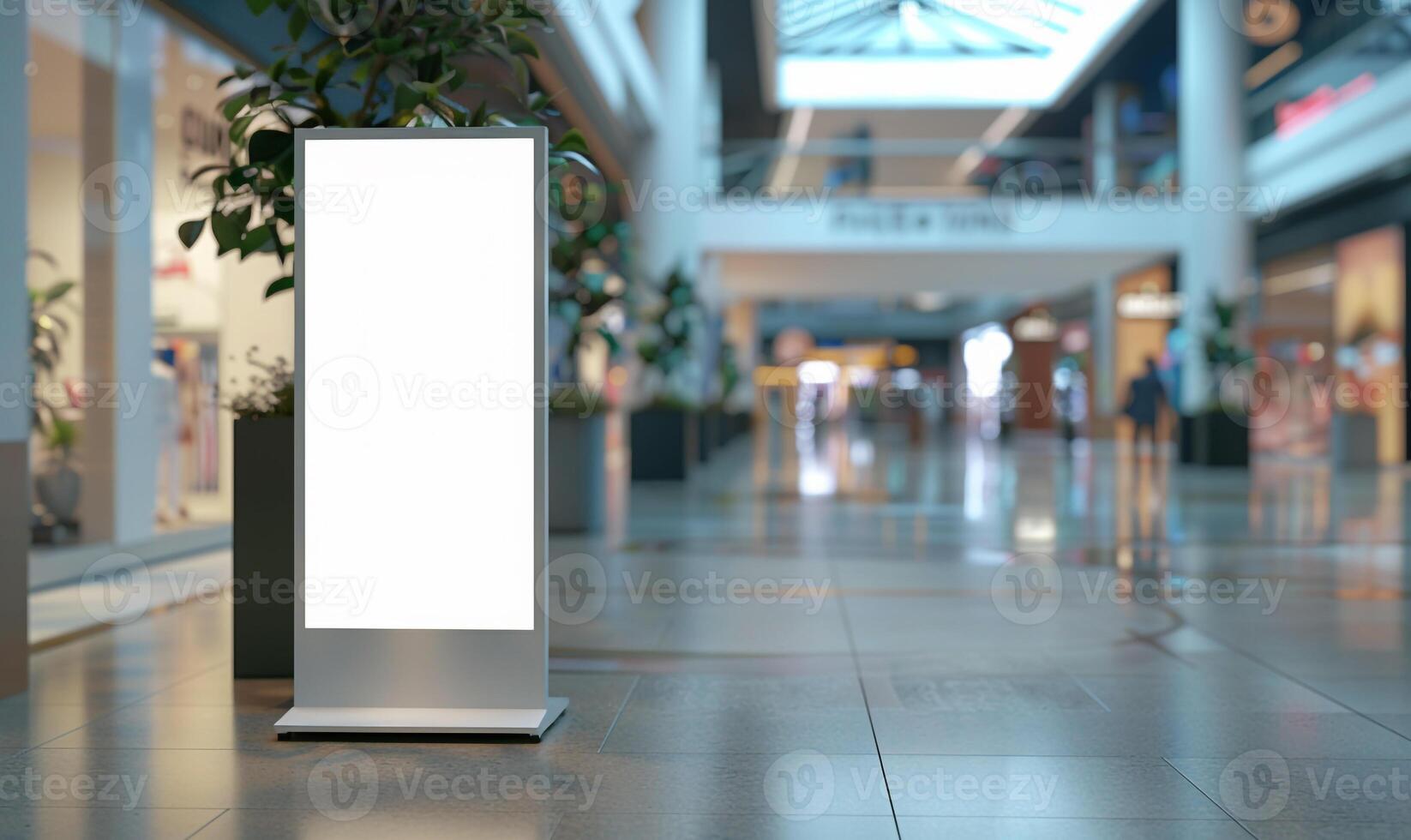Empty Unique Roll-Up Mockup Poster Stand In Shopping Mall, Modern Digital Roll-Up Banner Stand In Corporate Hall, . photo