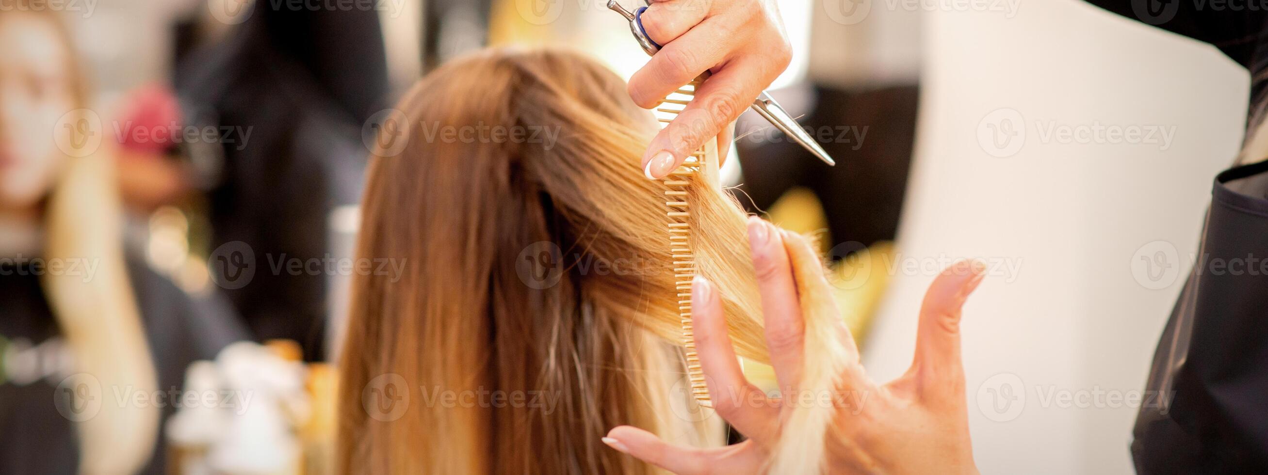Cutting female blonde hair. Hairdresser cuts hair of a young caucasian woman in a beauty salon close up. photo