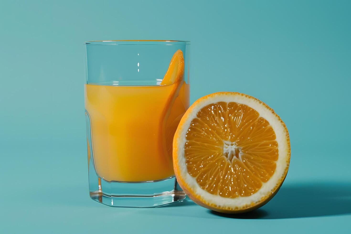 Glass of orange juice and fresh orange on blue background with copy space photo