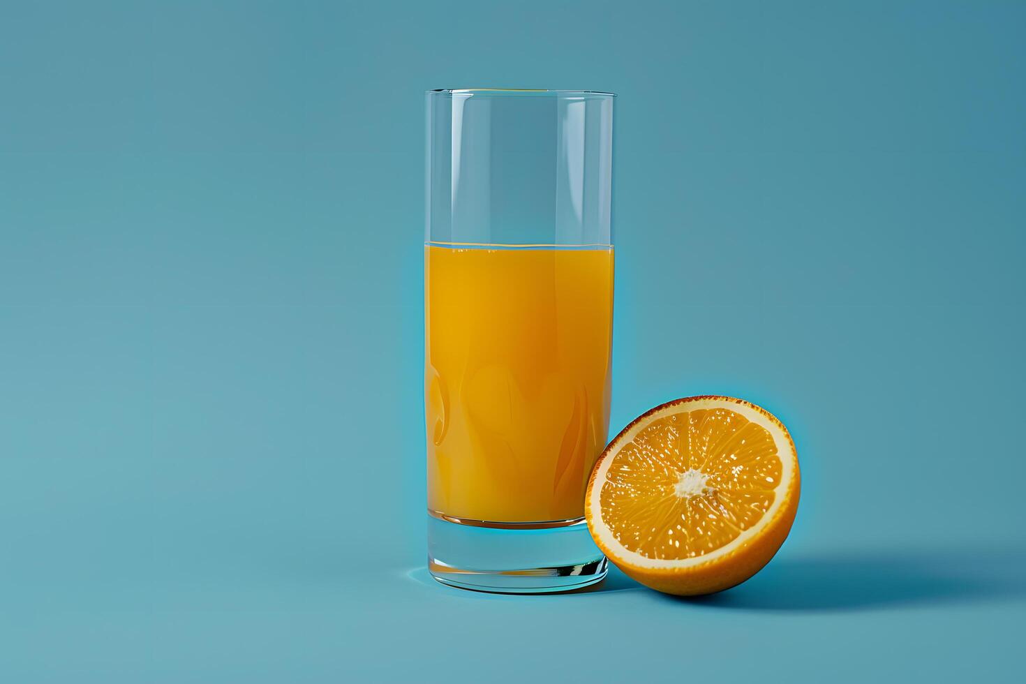 Glass of orange juice and fresh orange on blue background with copy space photo