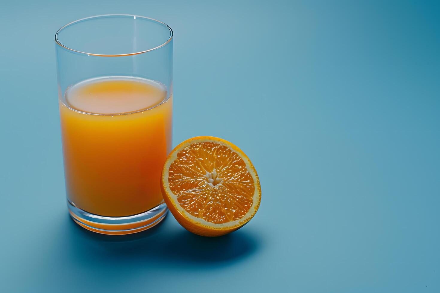 Glass of orange juice and fresh orange on blue background with copy space photo