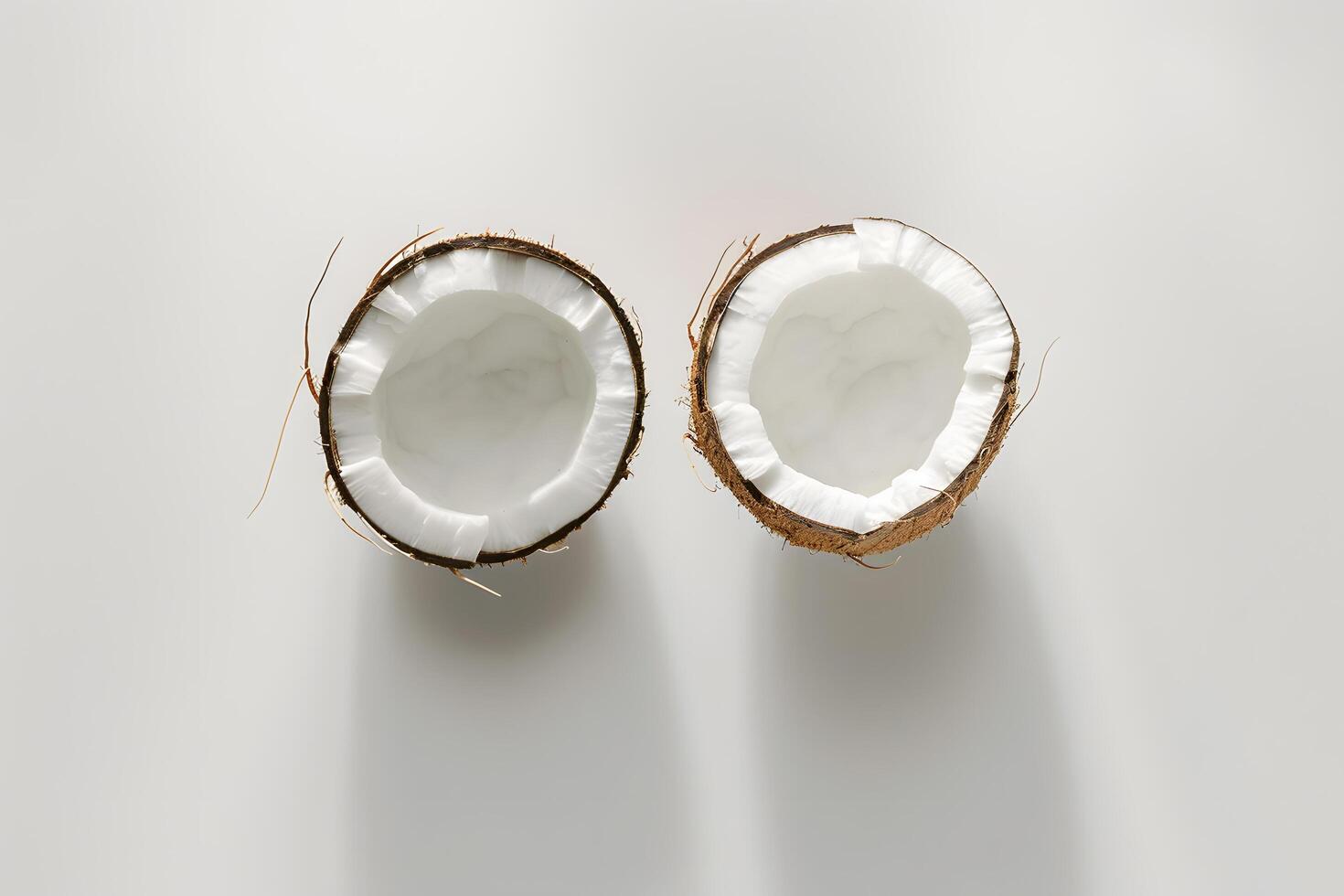 Two halves of coconut on white background, top view, flat lay photo