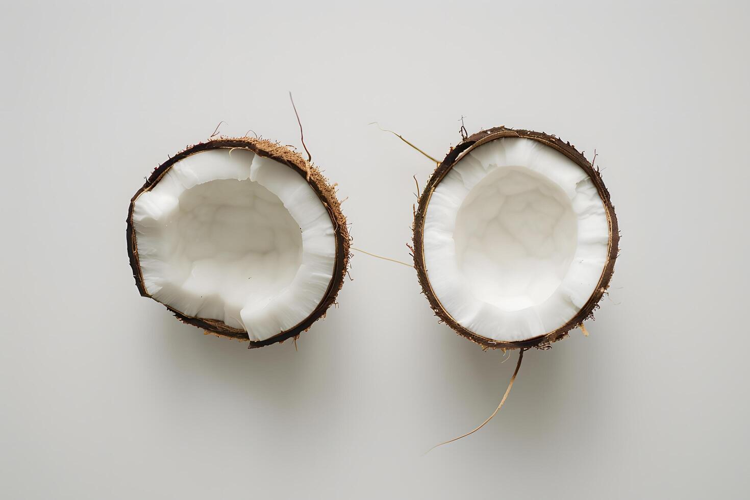 Two halves of coconut on white background, top view, flat lay photo