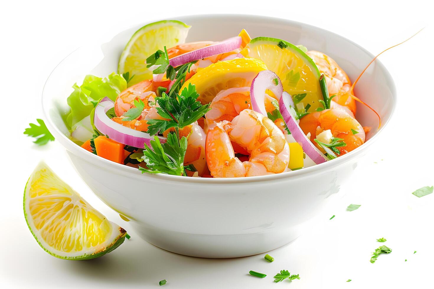 Salad with shrimps, lettuce, lemon and onion on white background photo