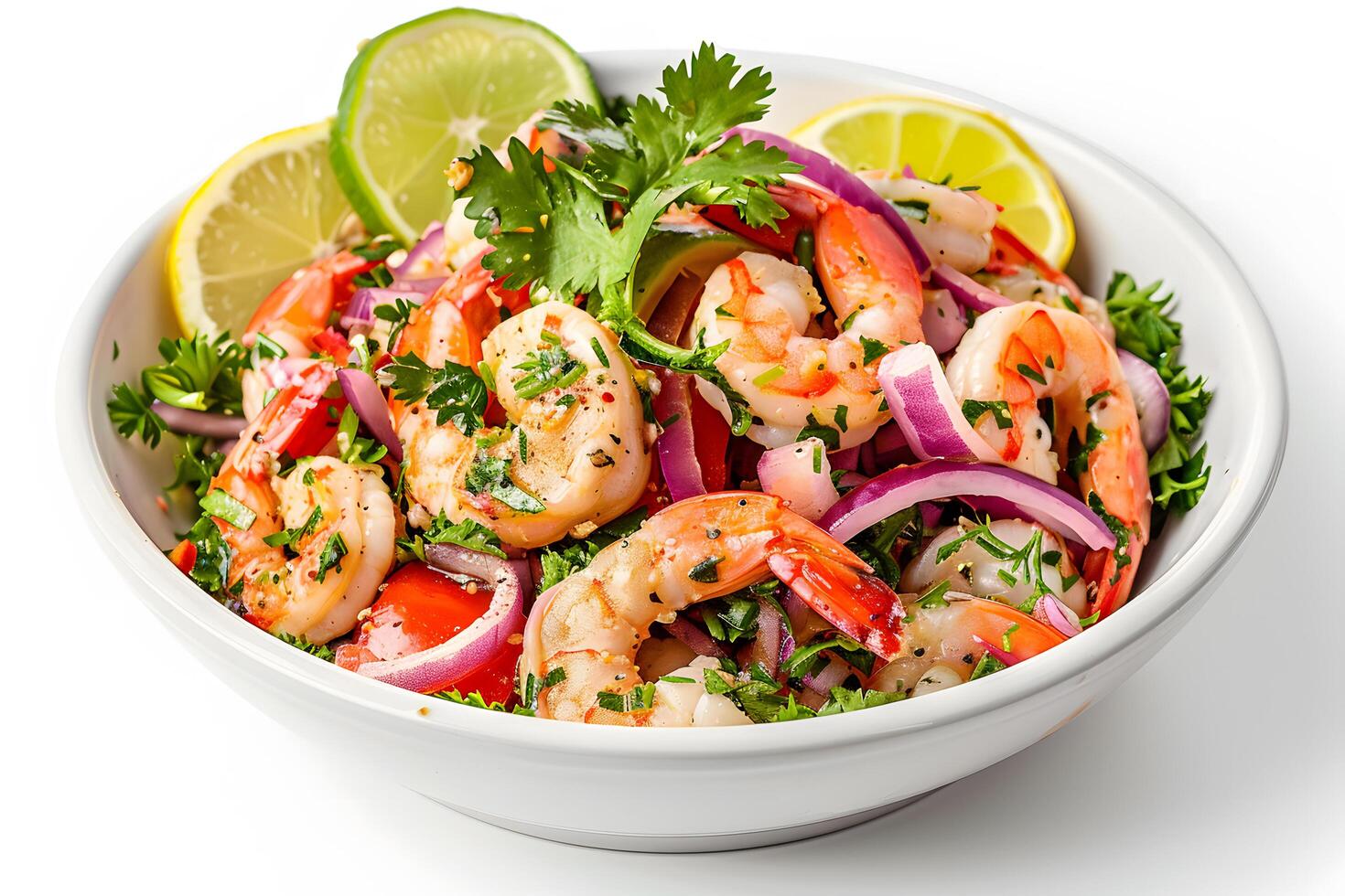 Salad with shrimps, lettuce, lemon and onion on white background photo