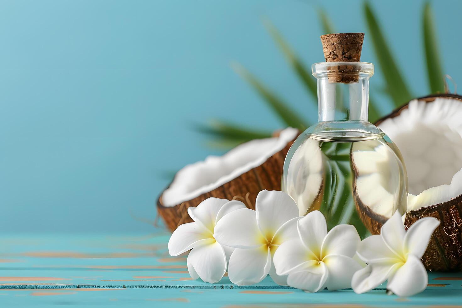 Coconut oil in glass bottle with tropical flowers on blue background photo