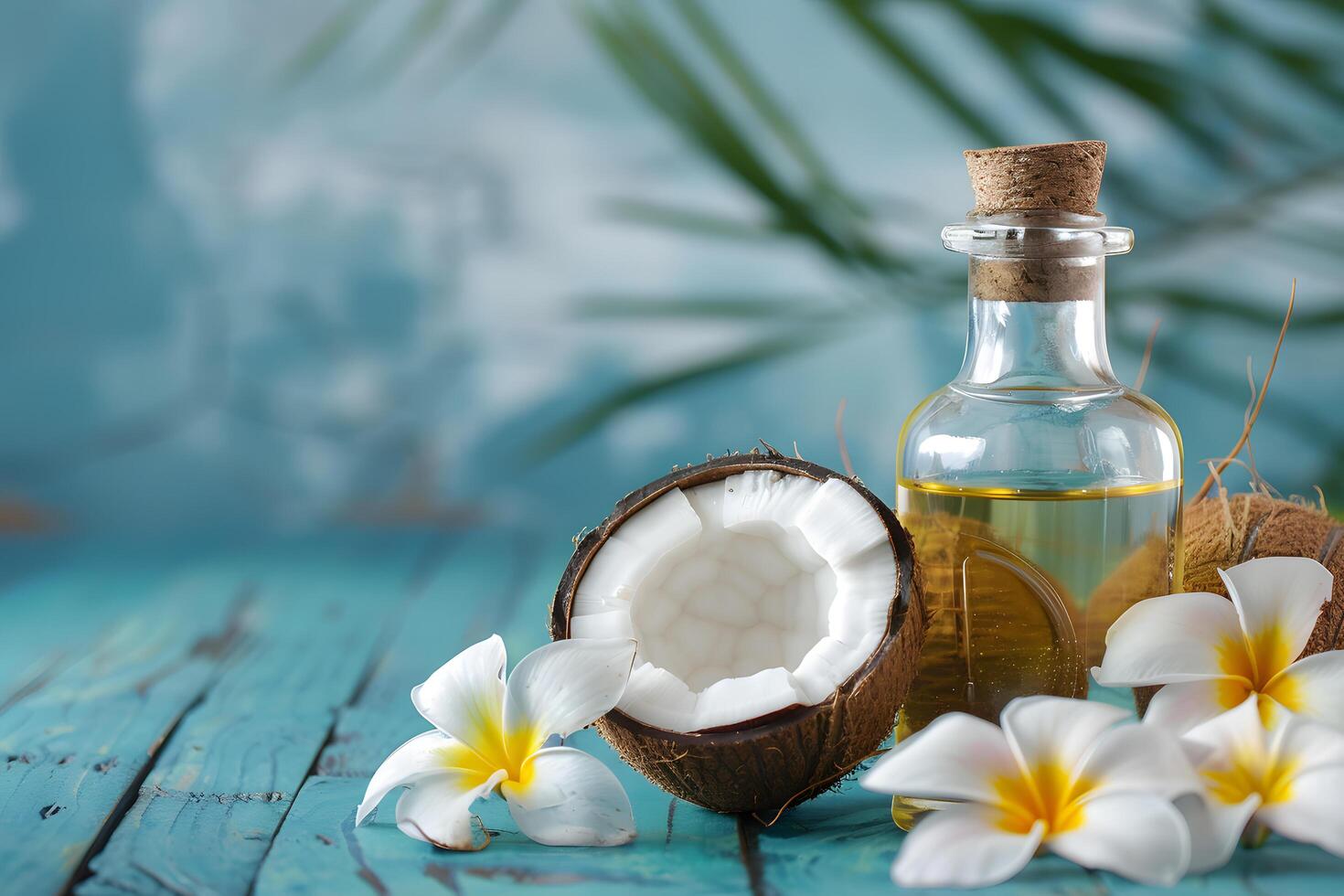 Coconut oil in glass bottle with tropical flowers on blue background photo