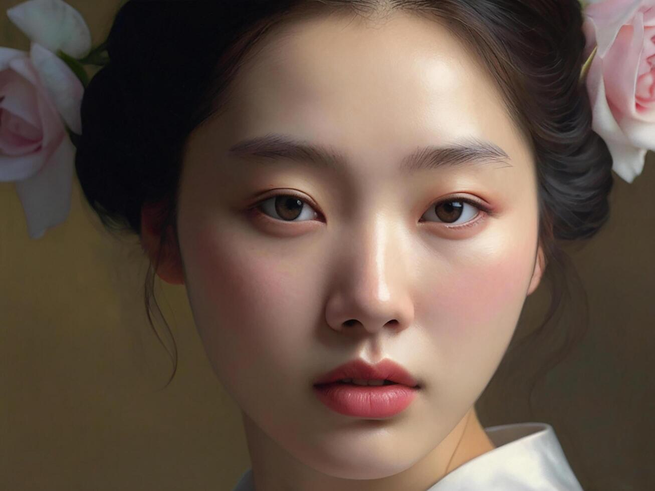 Beauty portrait of with clean healthy skin. Smiling dreamy beauty photo