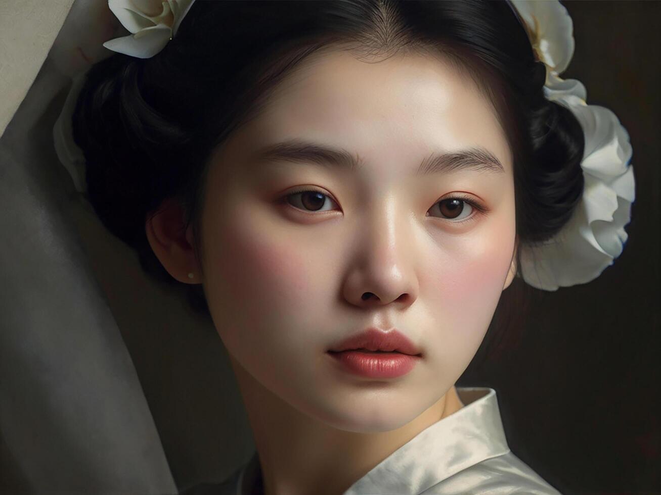 Beauty portrait of with clean healthy skin. Smiling dreamy beauty photo