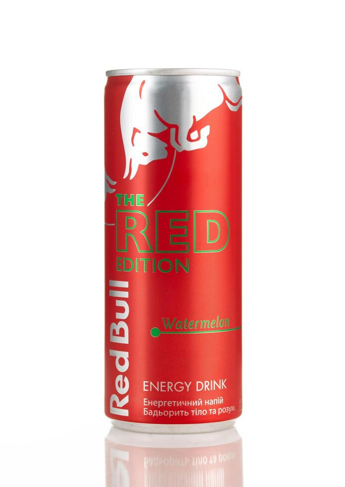 Kyiv, Ukraine, June 5, 2024. Red Bull Energy Drink The Red Edition watermelon lemonade soft drink in can isolated on a white background photo