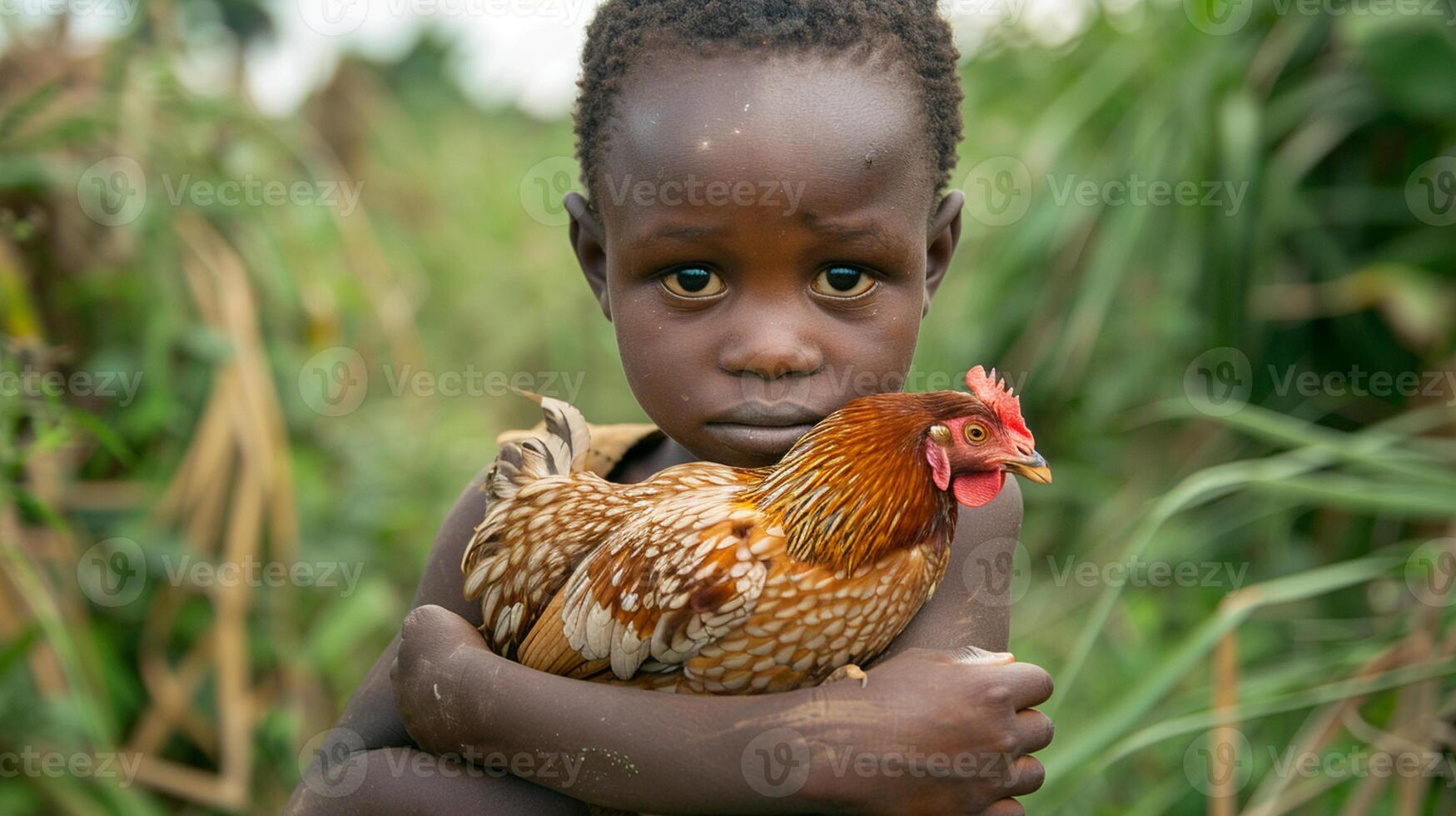 African child in a poor village holds a chicken in his hands photo