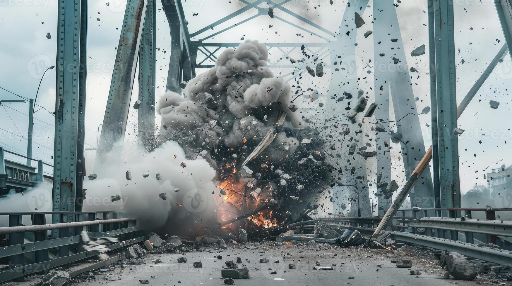 explosion demolishes a bridge, with debris and metal fragments flying in all directions photo