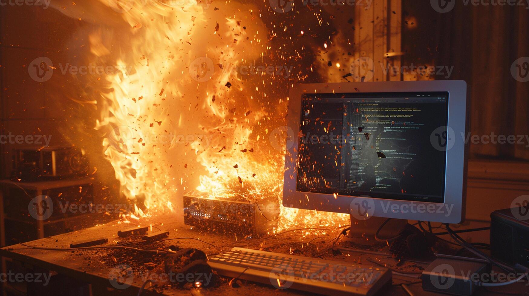 Fire scene unfolds as a personal computer, overwhelmed by intensive work photo
