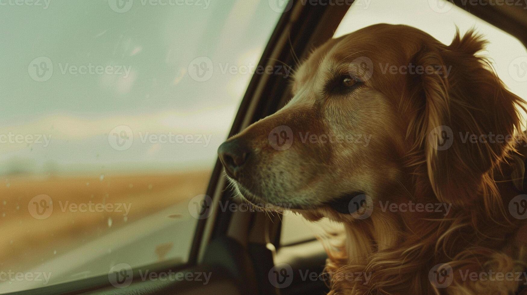 the dog sits in the car during the trip photo