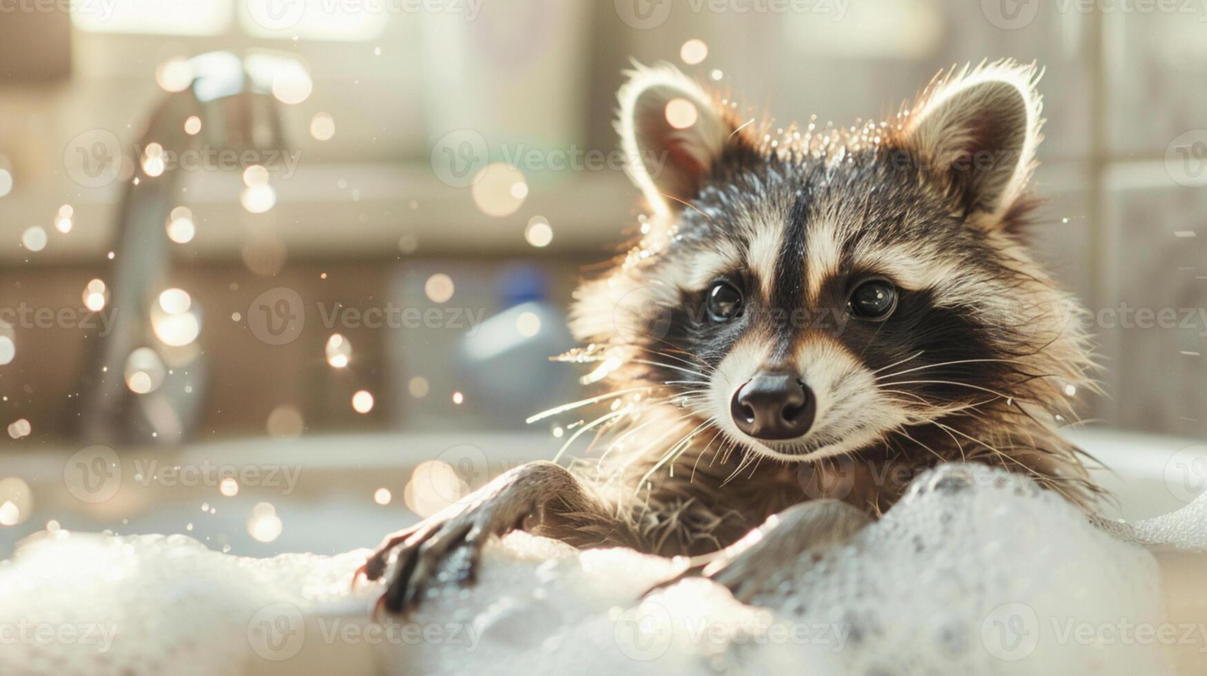 Wet raccoon i in the modern bath, with foam and water splash close-up with sunlight. photo