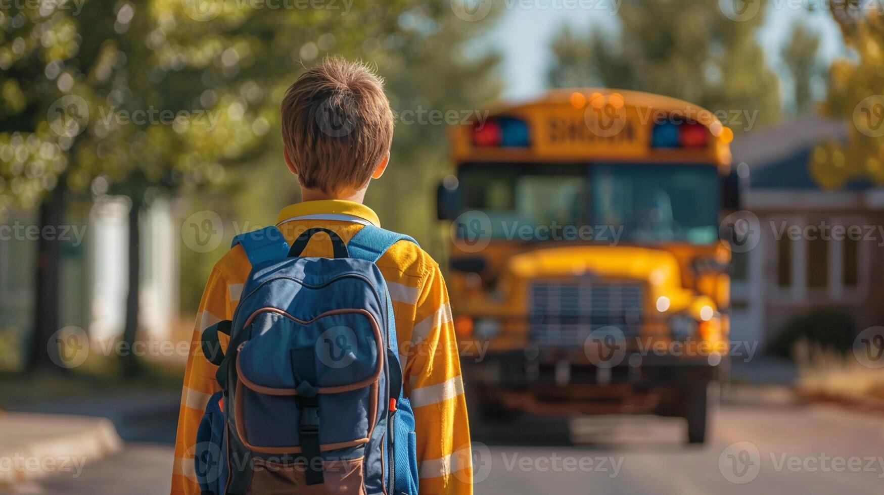 rear view a young schoolboy with a backpack walks to the school bus photo