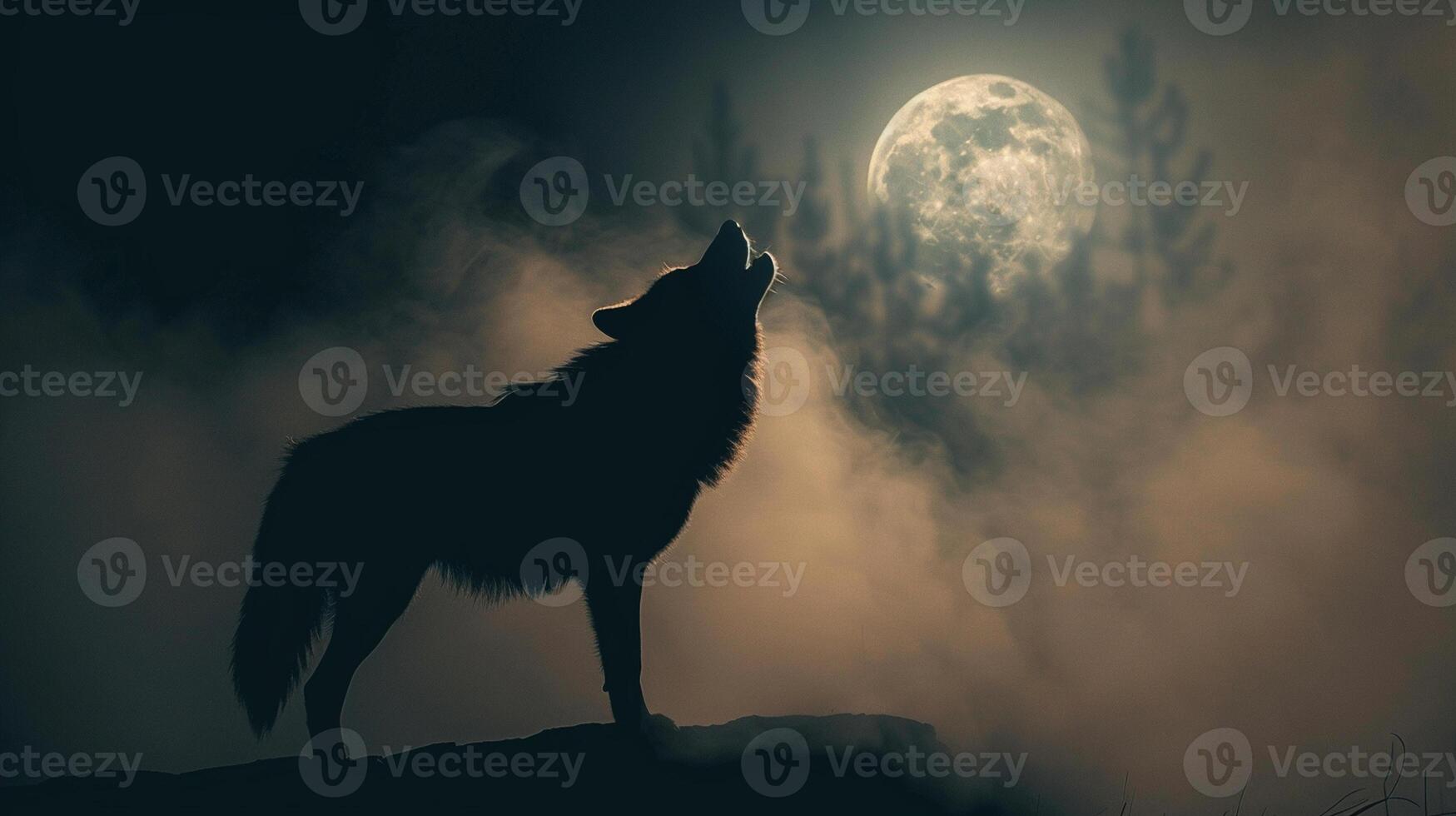 Silhouette of a howling wolf against a dark background of fog and full moon photo