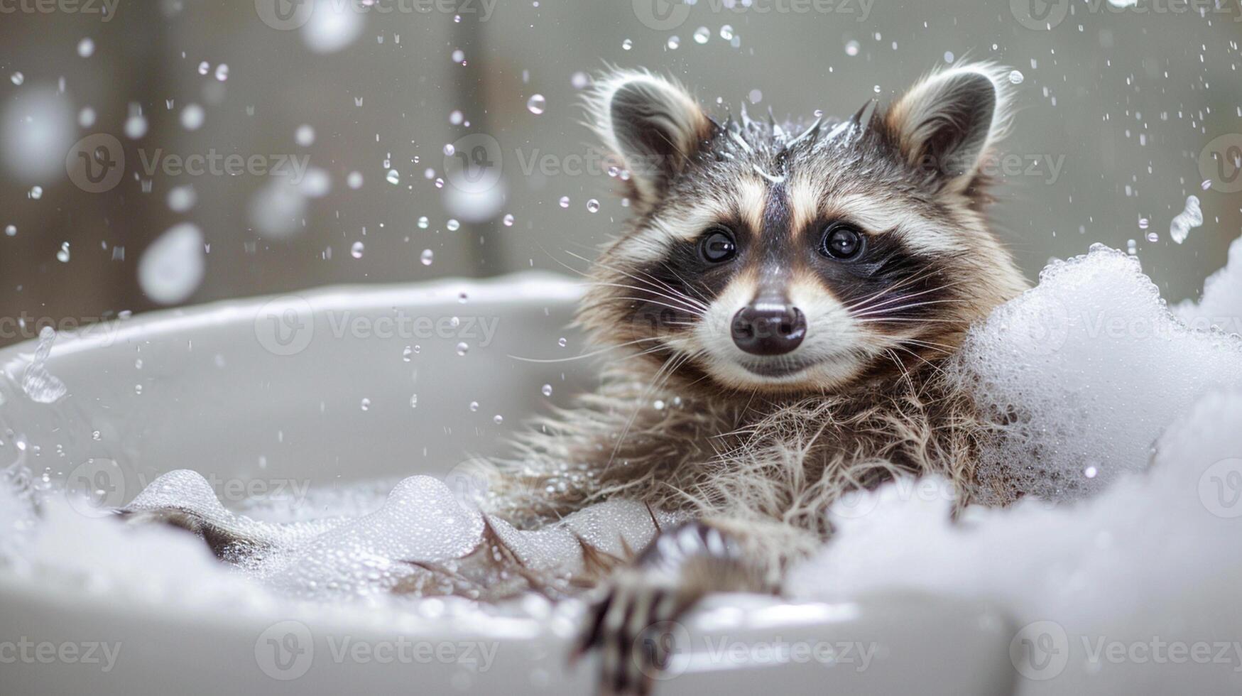 Wet raccoon i in the modern bath, with foam and water splash close-up with sunlight. photo