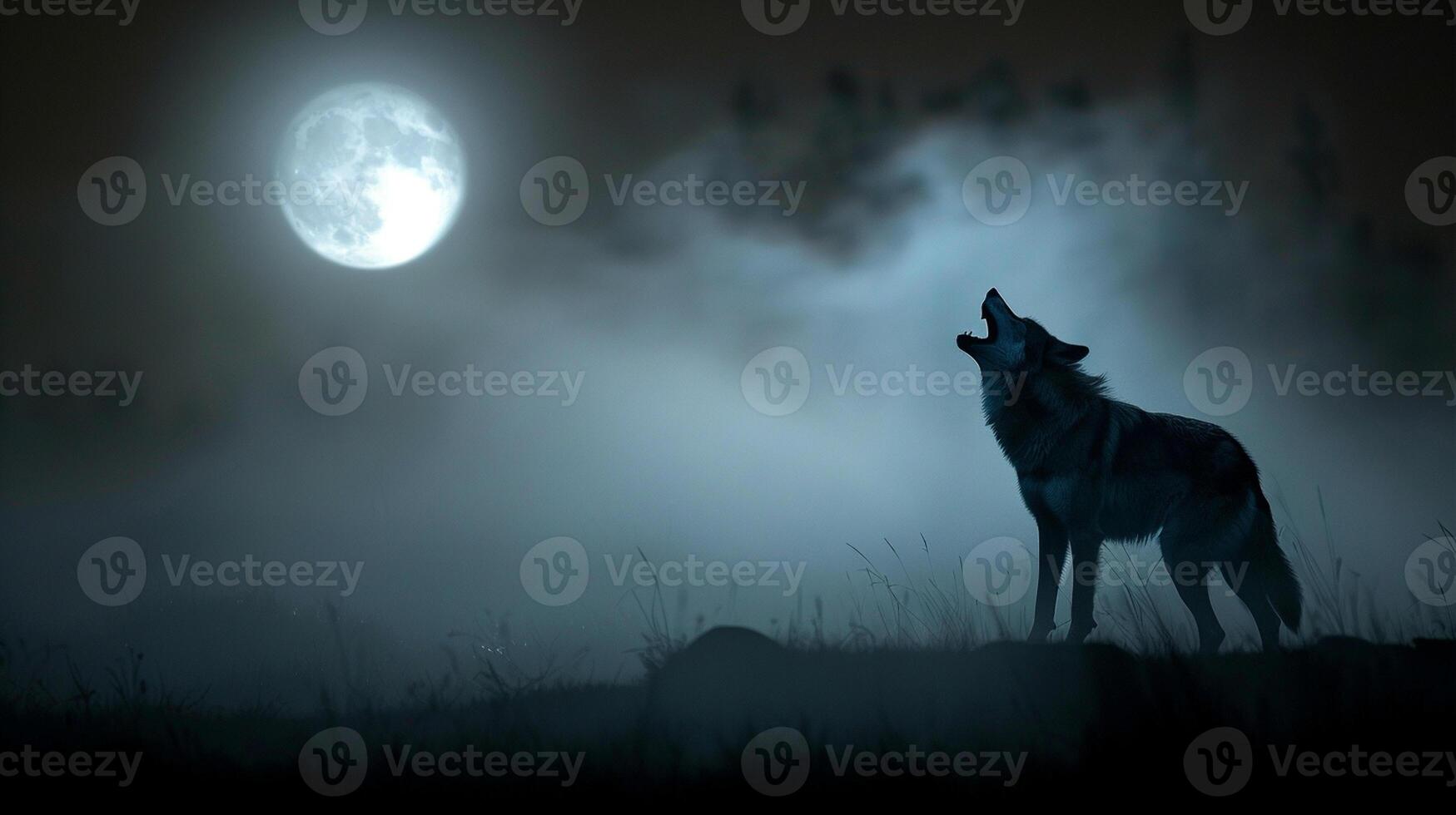 Silhouette of a howling wolf against a dark background of fog and full moon photo