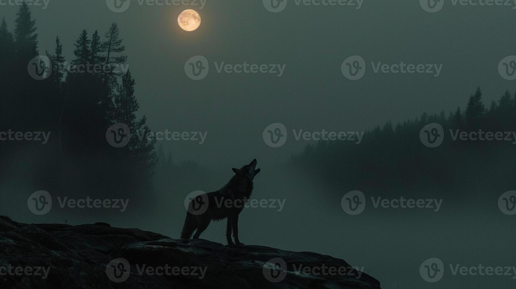 Silhouette of a howling wolf against a dark background of fog and full moon photo
