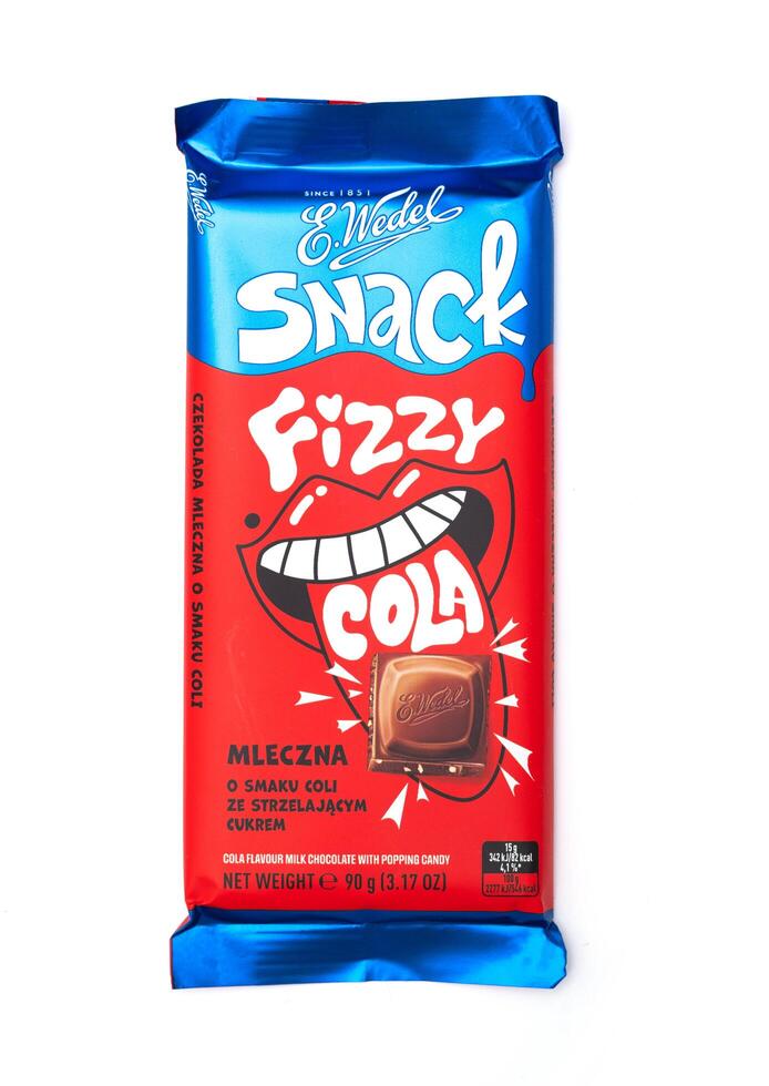 Kyiv, Ukraine. May 10, 2024. E.Wedel chocolate bar with Cola flavor isolated on white background. E. Wedel is Polish confectionery company. photo