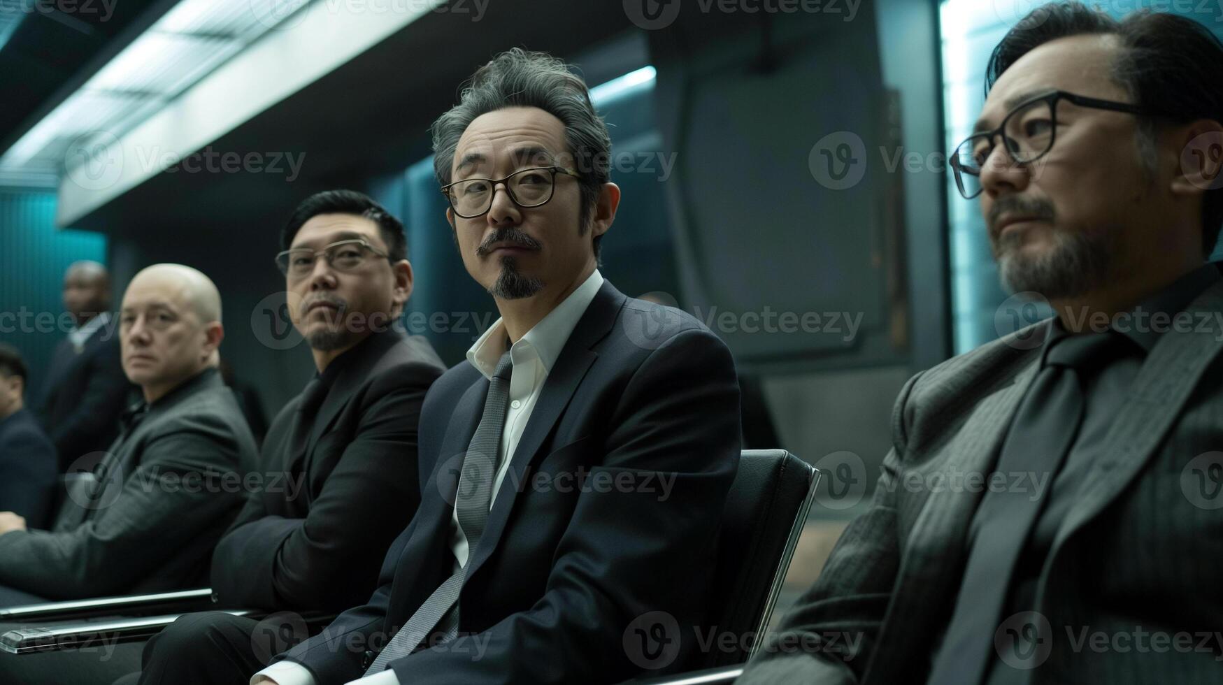 a group of men sitting next to each other photo