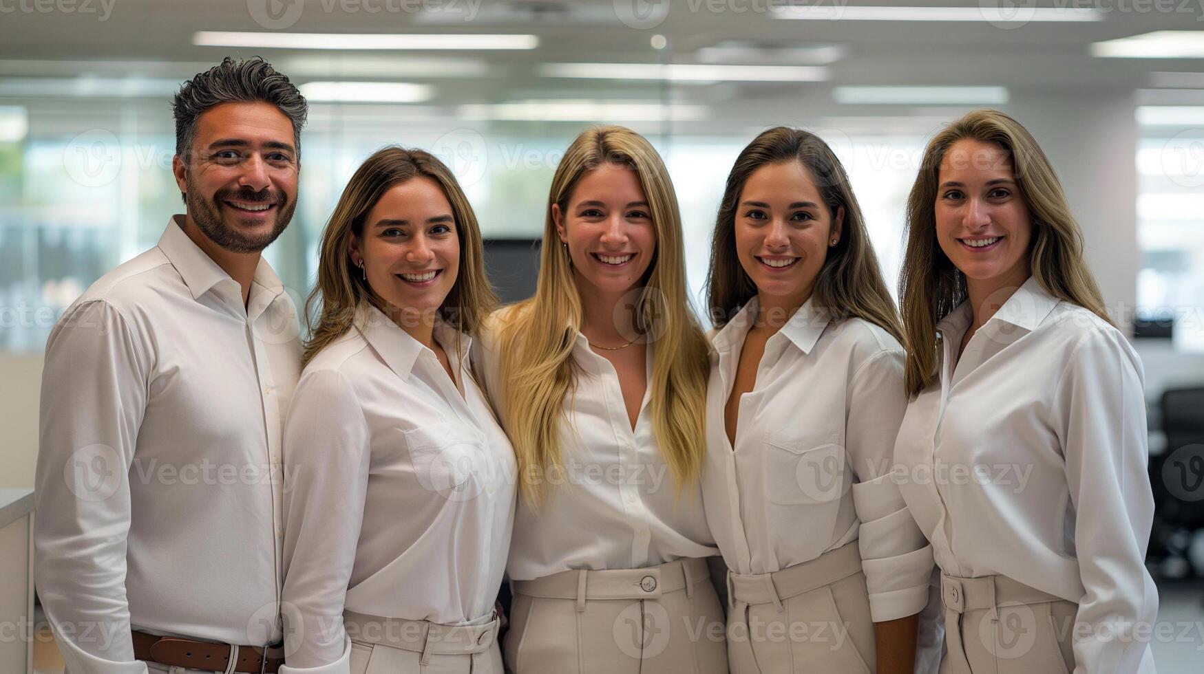 Group of bank workers wearing white shirts and beige pants photo