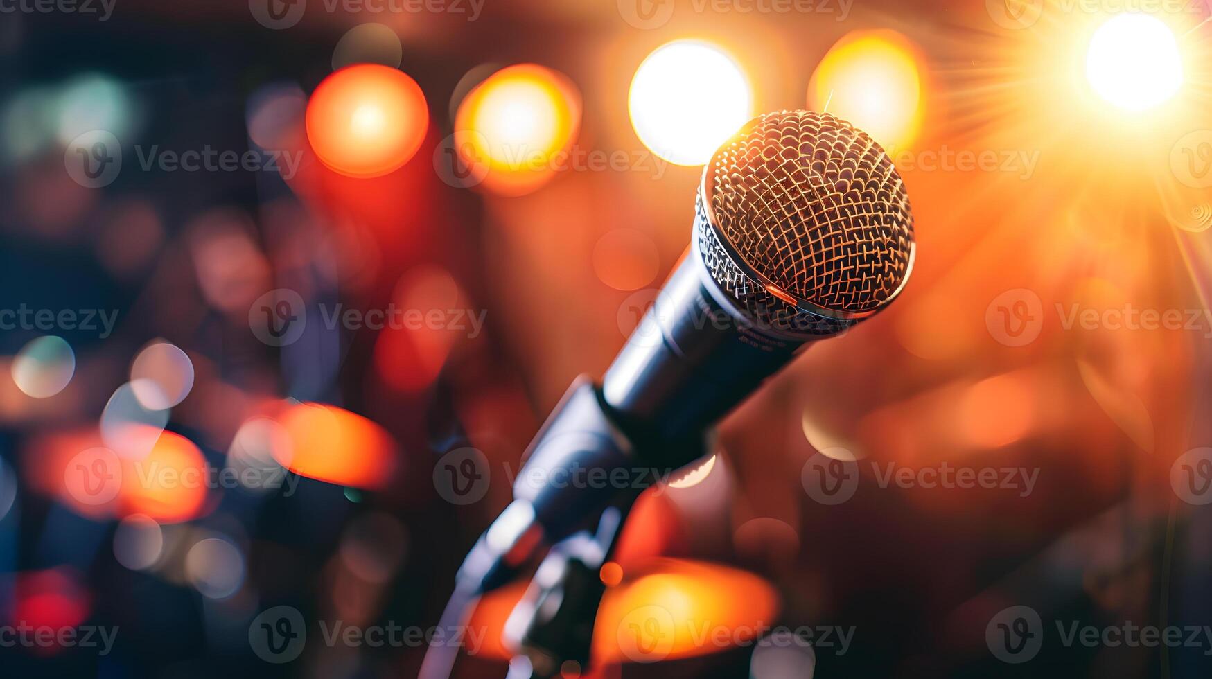Microphone on stage with colorful bokeh background, close up photo