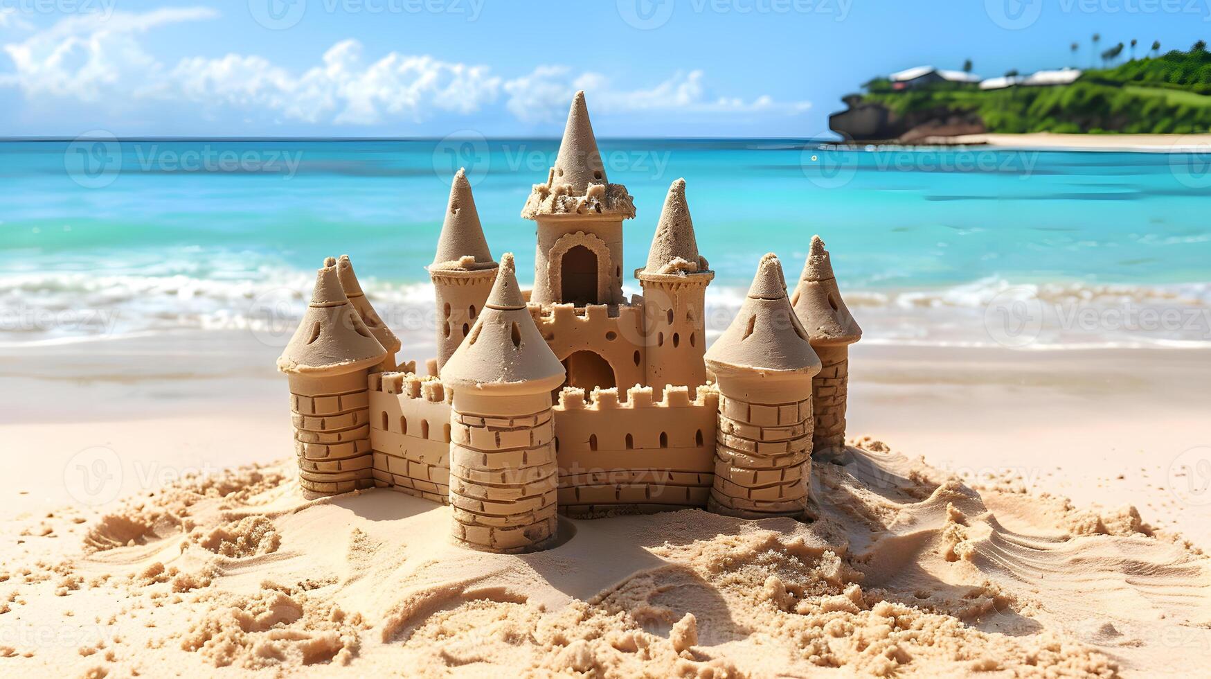 Sandcastle on the beach. 3d render. Summer vacation concept photo