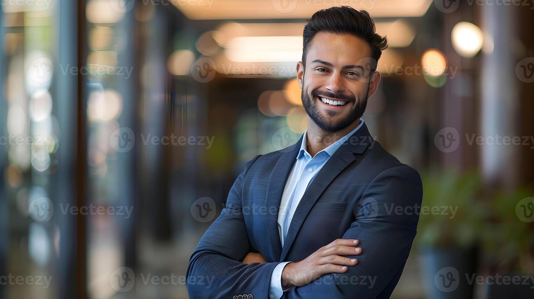 Portrait of a smiling businessman standing with arms crossed in the office photo