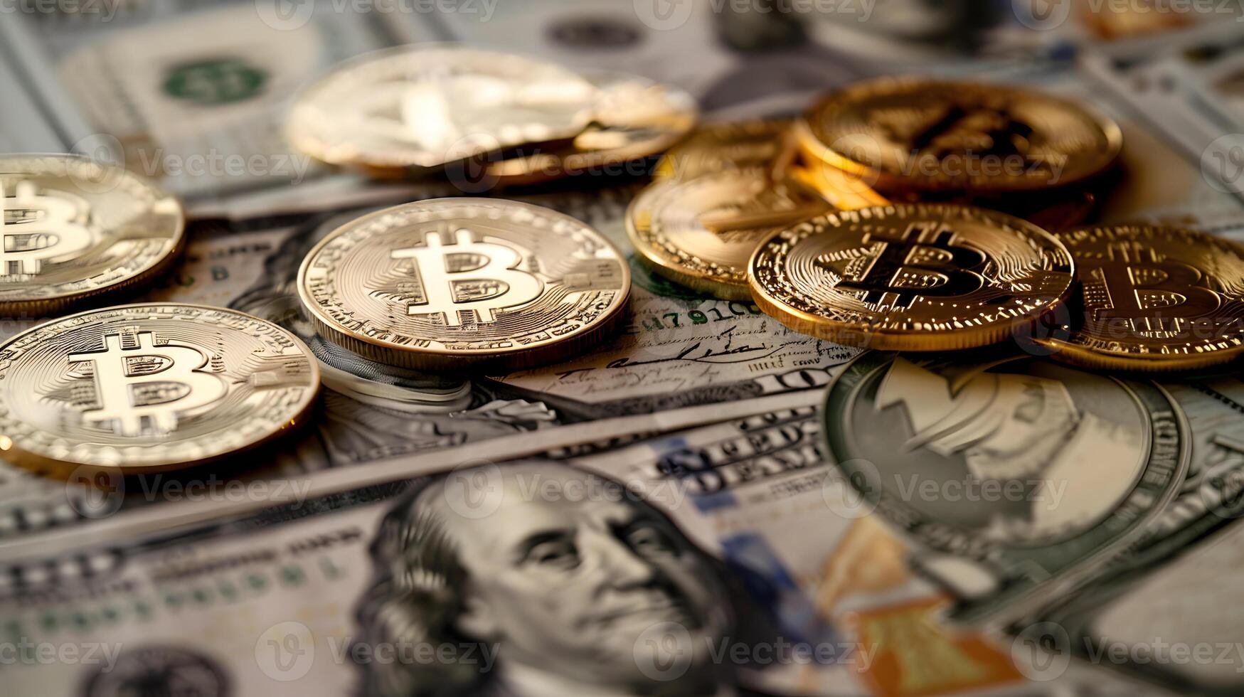 golden bitcoins on the background of one hundred dollar bills close-up photo