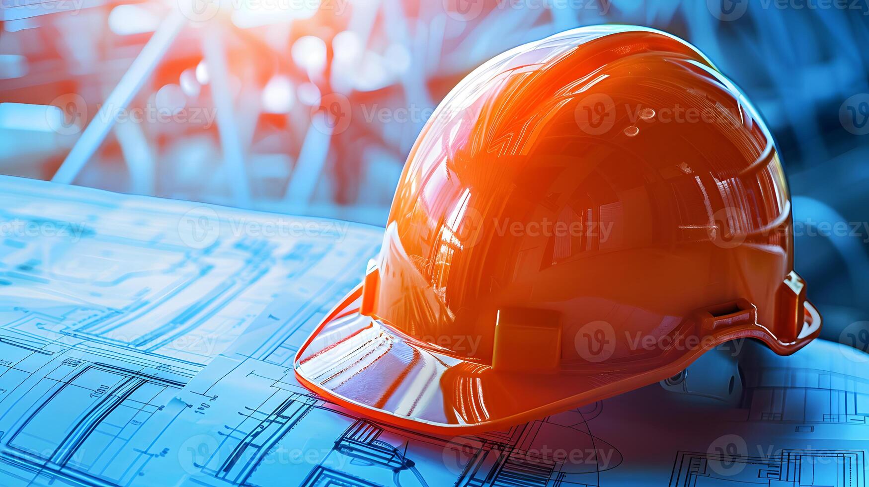 Orange hard hat on blueprints background. Engineer and architect concept. photo
