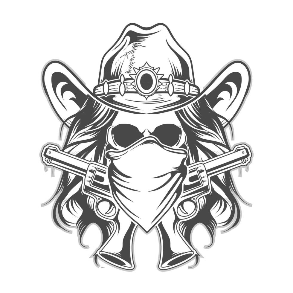Cowgirl skull with hat and hair and short gun design. vector