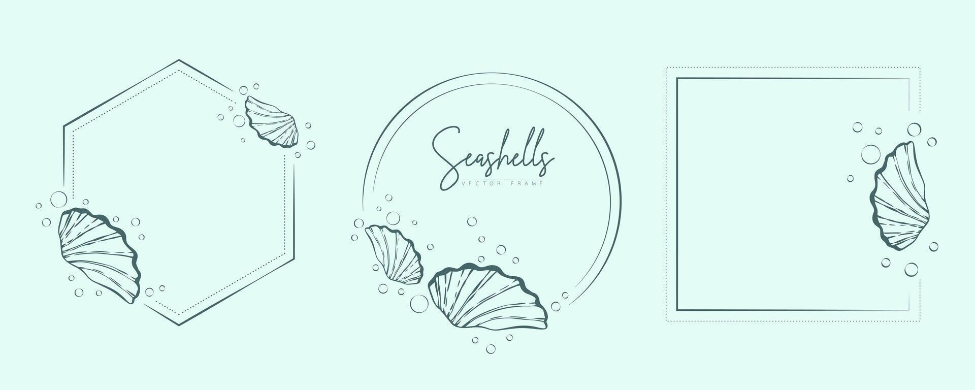 Set of hand drawn line art frames with shells, bubbles, algae and coral. Summer frame for monogram, logo, invitation, postcard, and more. Vintage wreath illustration isolated on white background. vector