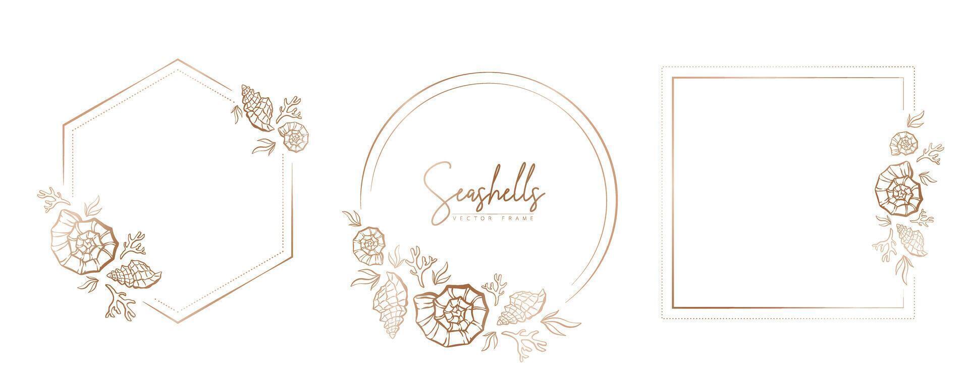 Set of hand drawn line art frames with shells, bubbles, algae and coral. Summer frame for monogram, logo, invitation, postcard, and more. Vintage wreath illustration isolated on white background. vector