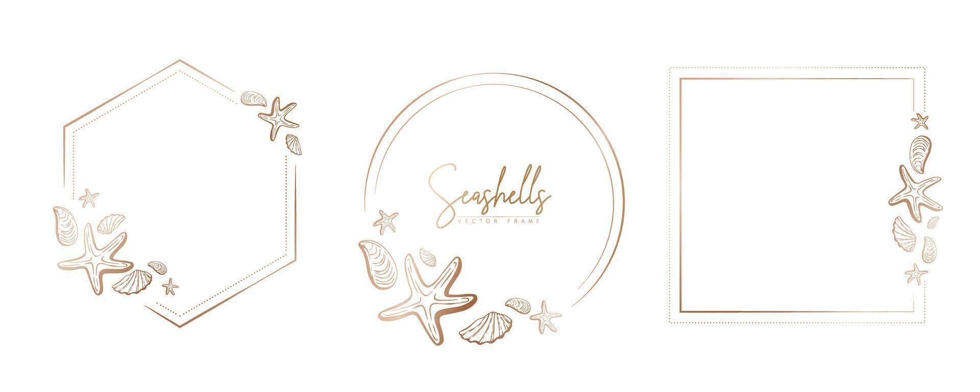 Set of hand drawn line art frames with shells, bubbles, algae and coral. Summer frame for monogram, logo, invitation, postcard, and more. Vintage wreath illustration isolated on white background. vector