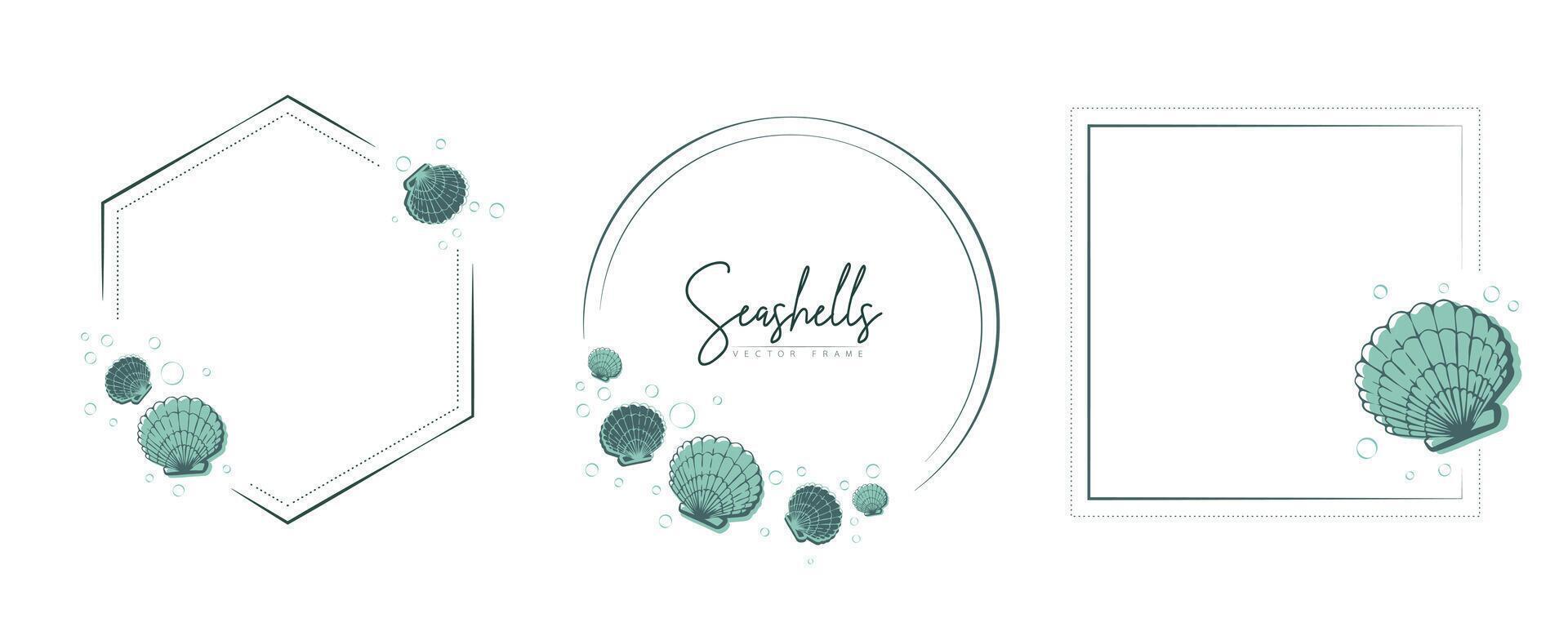 Set of hand drawn line art frames with shells, bubbles, algae and coral. Summer frame for monogram, logo, invitation, postcard, and more. Vintage wreath illustration isolated on white background. vector