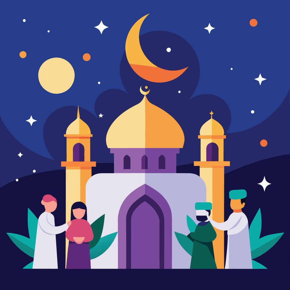 Islamic holiday celebration banner designed with metal crescent moon and paper cut mosque. Background suitable for Ramadan, Eid al-Fitr or Hari Raya. vector