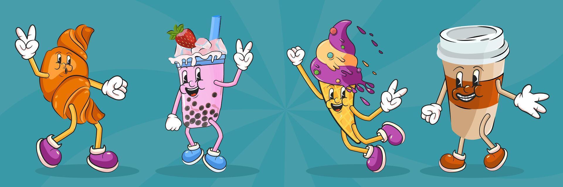 Posters with lettering and phrases for bakery. Collection of groovy posters and cards with dessert characters. Retro cartoon mascot set, cafe and delivery. Ice cream, coffee, croissant, bubble tea vector