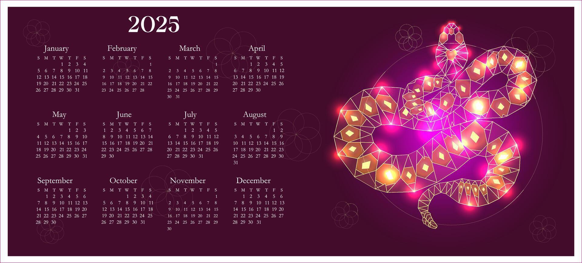 Calendar New Year 2025. Zodiac on red background for schedule design. China lunar calendar reptile animal, year of the snake. Poly art, neon light holiday. polygonal geometric illustration . vector
